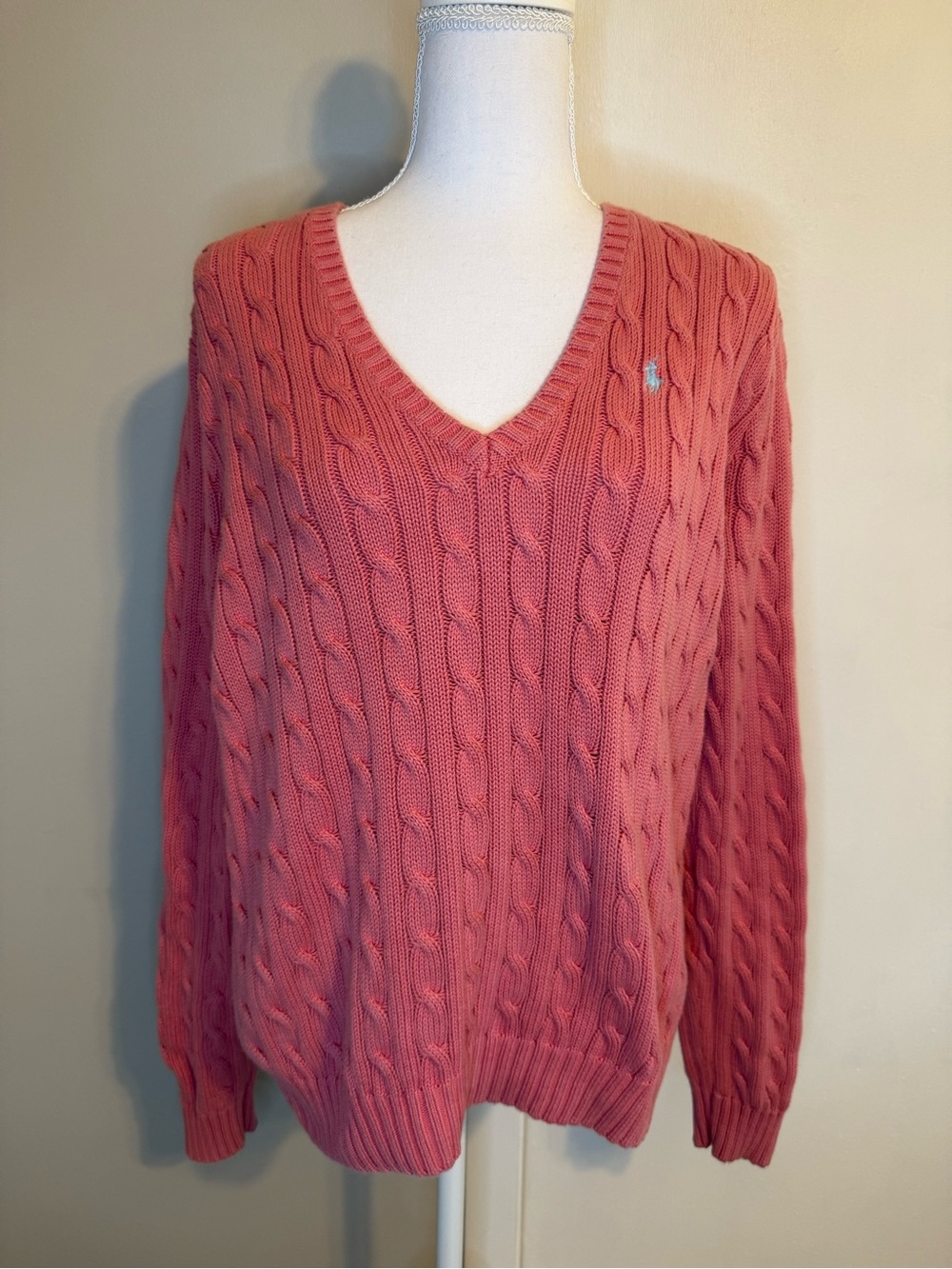 Ralph Lauren Sport Womens XL Pink 100% Cotton Cable Knit V-Neck Sweater